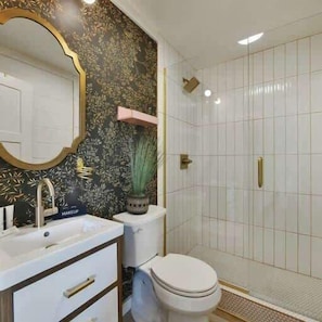 Shower, hair dryer, soap, shampoo