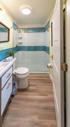 Een douche, een haardroger, zeep, shampoo