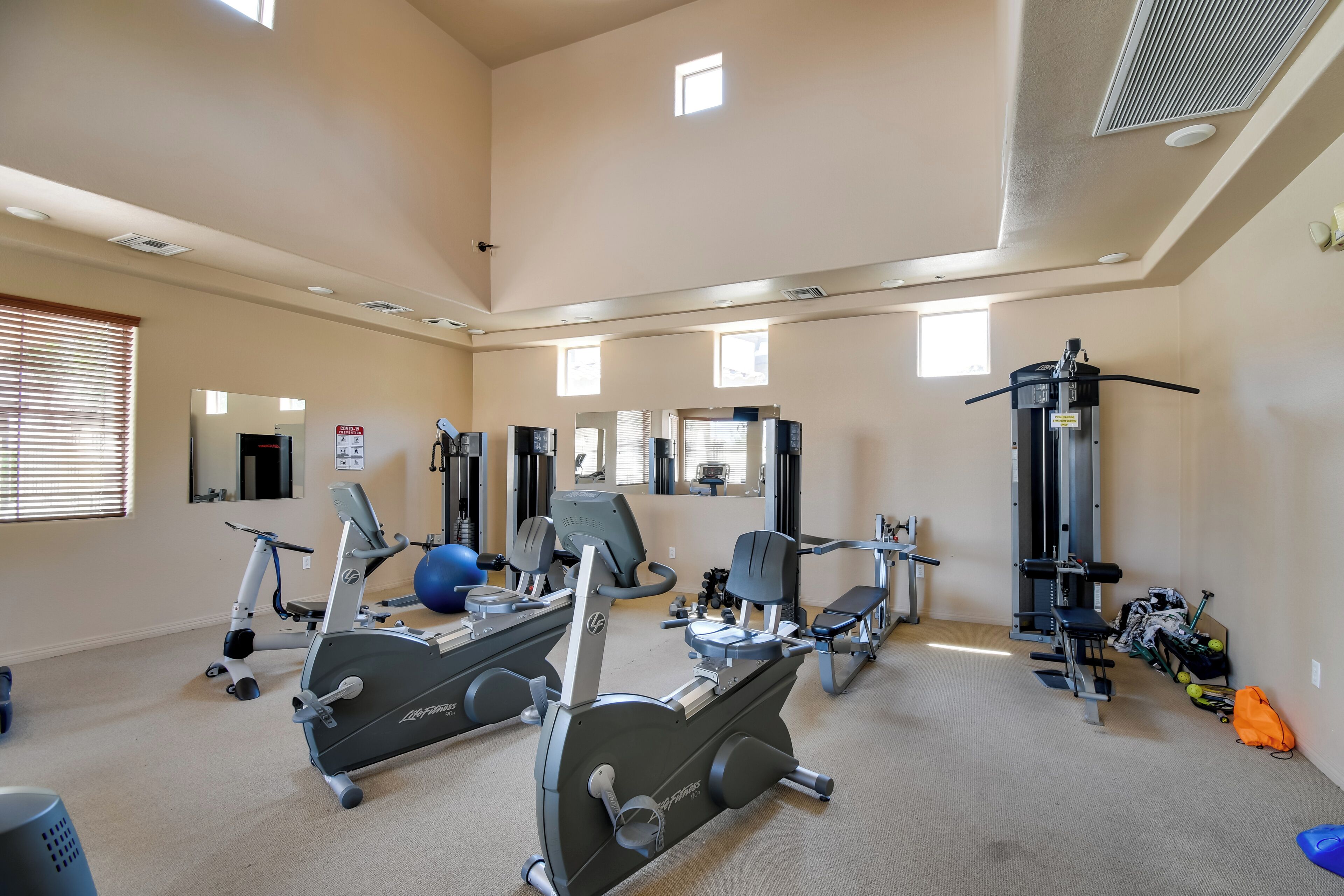 Une salle de sport spacieuse équipée de machines de cardio, de poids libres et d’un mur avec des miroirs.