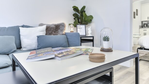 A modern living room with a sofa, a coffee table with magazines, a glass dome, and a small plant. - Modern Studio - North Oak Park/UC Med Center (Sacramento)