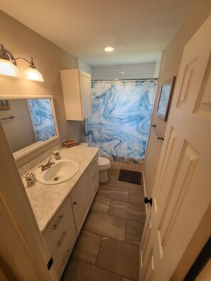 A bathroom with a marble sink, a toilet, and a shower curtain with a marble pattern. - HOT TUB SUNFLOWER OASIS HOME (Sherman)