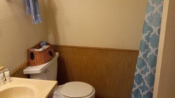 Combined shower/tub, towels, soap, shampoo