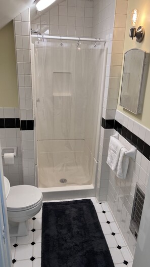 Dusj, hårføner, håndklær og såpe