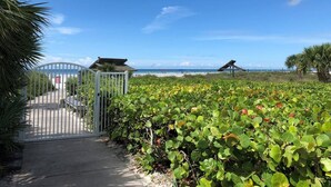 Un sentier bordé de barrières mène à une plage agrémentée d’une végétation luxuriante et abritant deux petits pavillons en bois.