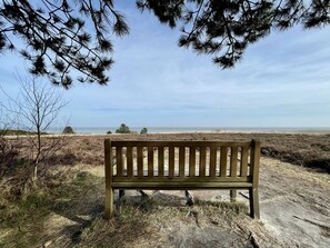 Un banc en bois, installé dans un cadre naturel, avec vue sur la plage et l’océan.