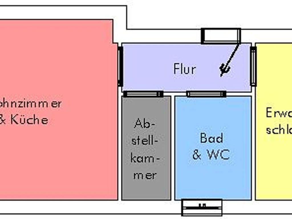 A hotel layout with a living room & kitchen area, a bathroom, a bedroom, and a bathroom with WC.