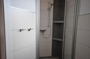 A modern bathroom with a walk-in shower, a toilet, and a sink.