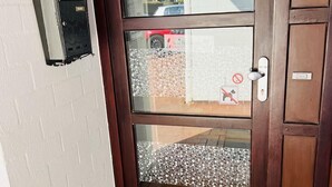 Une porte en bois avec un panneau en verre dépoli, un paillasson et un luminaire fixé au mur.