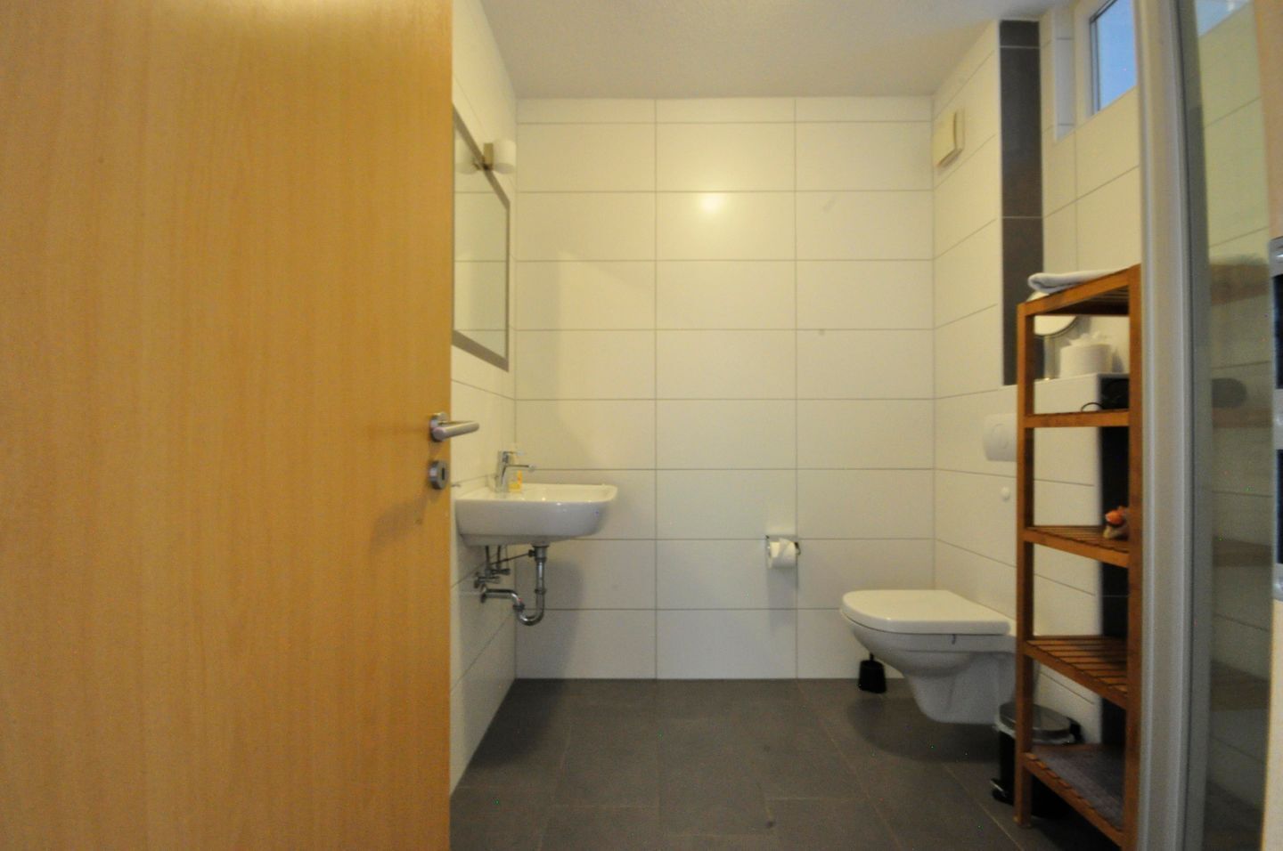 Une petite salle de bain compacte, avec un lavabo blanc, des toilettes et une étagère en bois.