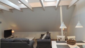 Een moderne loft slaapkamer met een schuine plafond, dakraam, een bank, een kleintje tafeltje en een televisie.