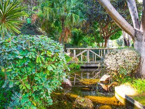 Cross a serene bridge over a gentle stream surrounded by lush greenery.