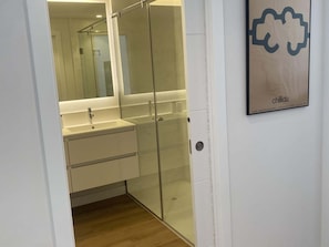 A modern bathroom with a glass shower enclosure, a white sink, and a mirror.