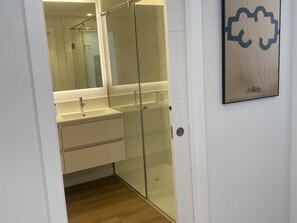 A modern bathroom with a glass shower enclosure, a white sink, and a mirror.
