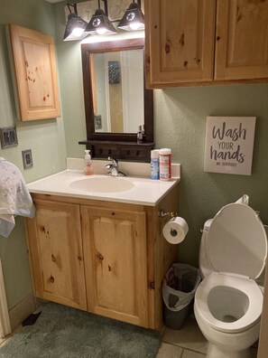 Combined shower/tub, towels, soap, toilet paper