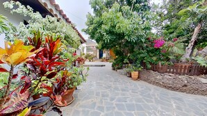 A courtyard with a cobblestone path, surrounded by potted plants and a wooden fence.