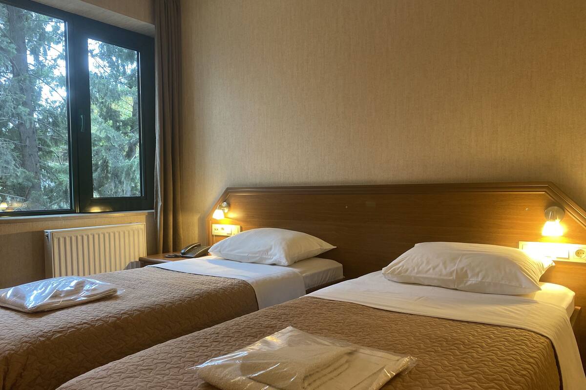 A hotel room with two beds, a window with curtains, a bedside lamp, and a radiator.