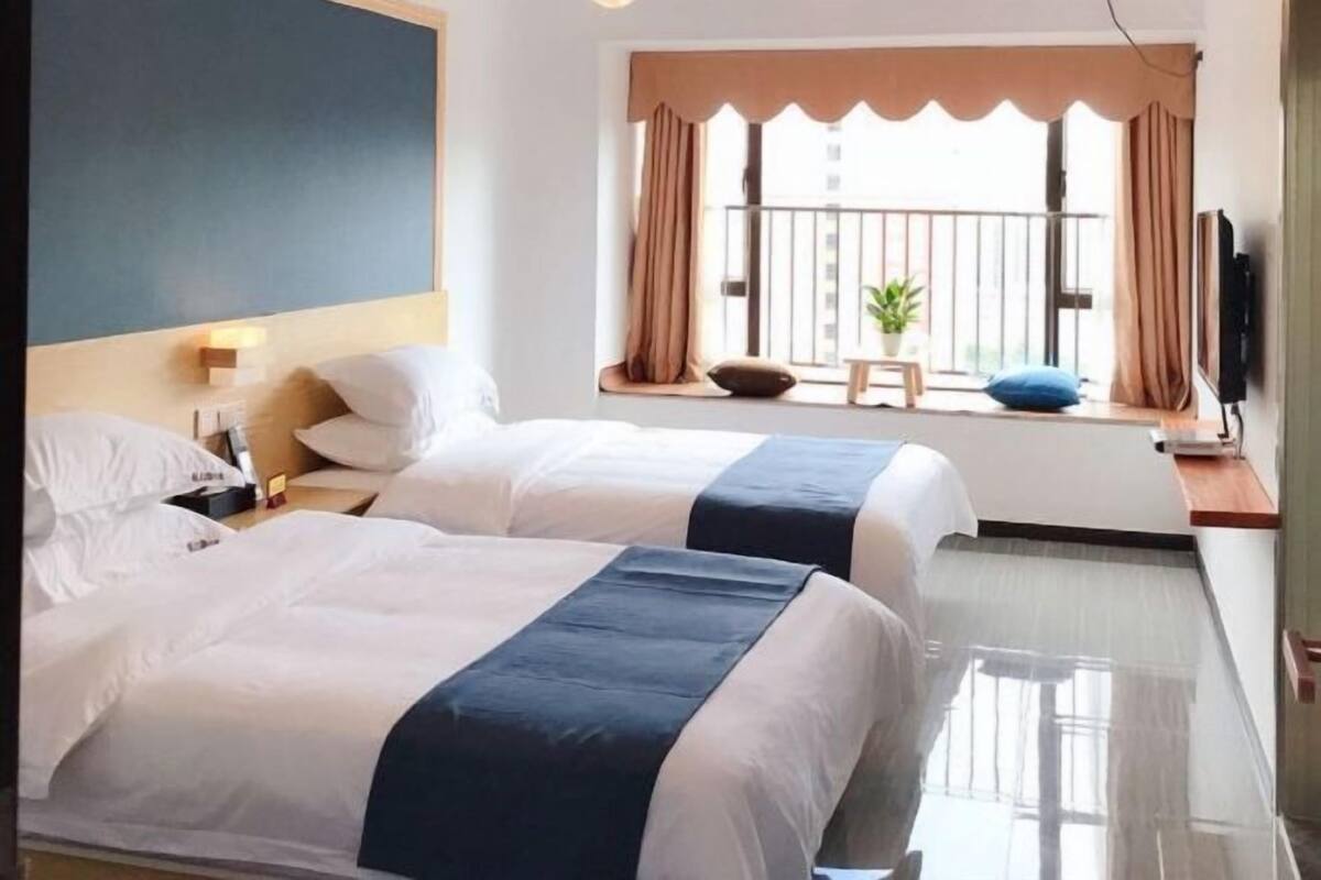 Habitación de hotel con dos camas, una ventana con cortinas, una mesita con una planta y un televisor en la pared.