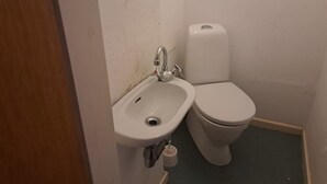 Une petite salle de bain avec un lavabo et des toilettes.