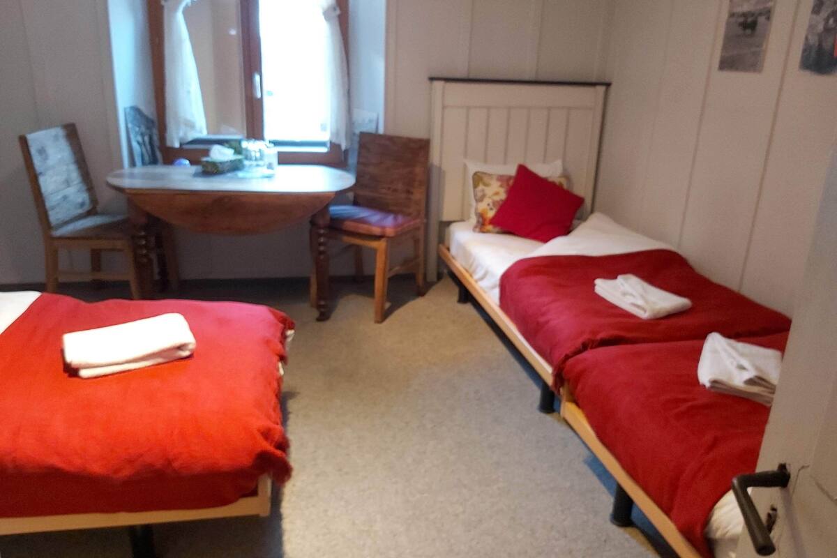 A room with two single beds, a small table, and a chair.