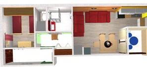 Een plattegrond met een keuken, een eethoek en een badkamer.