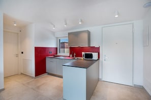 Kühlschrank, Mikrowelle, Herdplatte, Geschirrspüler