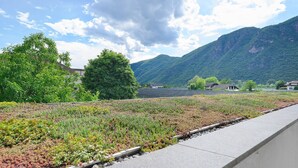 Een dakbostuin met beplanting, een pad en uitzicht op bergen.