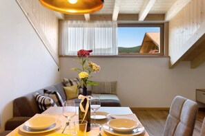 Dining - Holiday Apartment 'Living Lerchna - Beautiful View 2' with Mountain View, Balconies and Wi-Fi (Maranza)