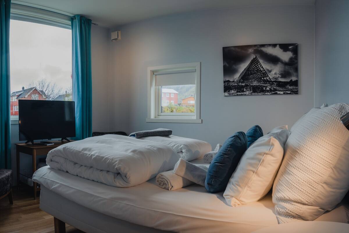 A bedroom with a bed, pillows, a TV, a window, and a wall-mounted picture.