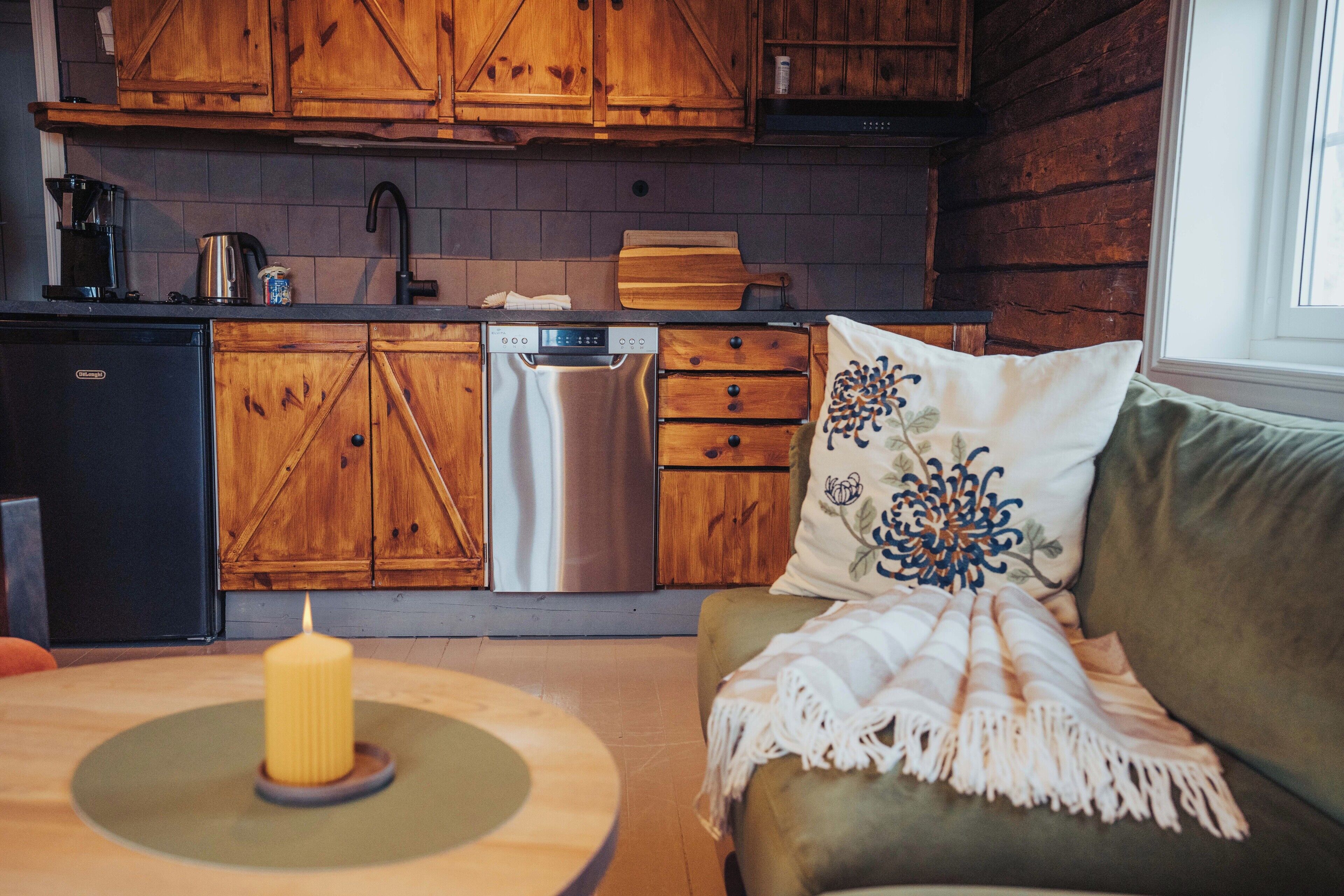 A cozy kitchen with wooden cabinets, a stainless steel dishwasher, and a green sofa with a decorative pillow.