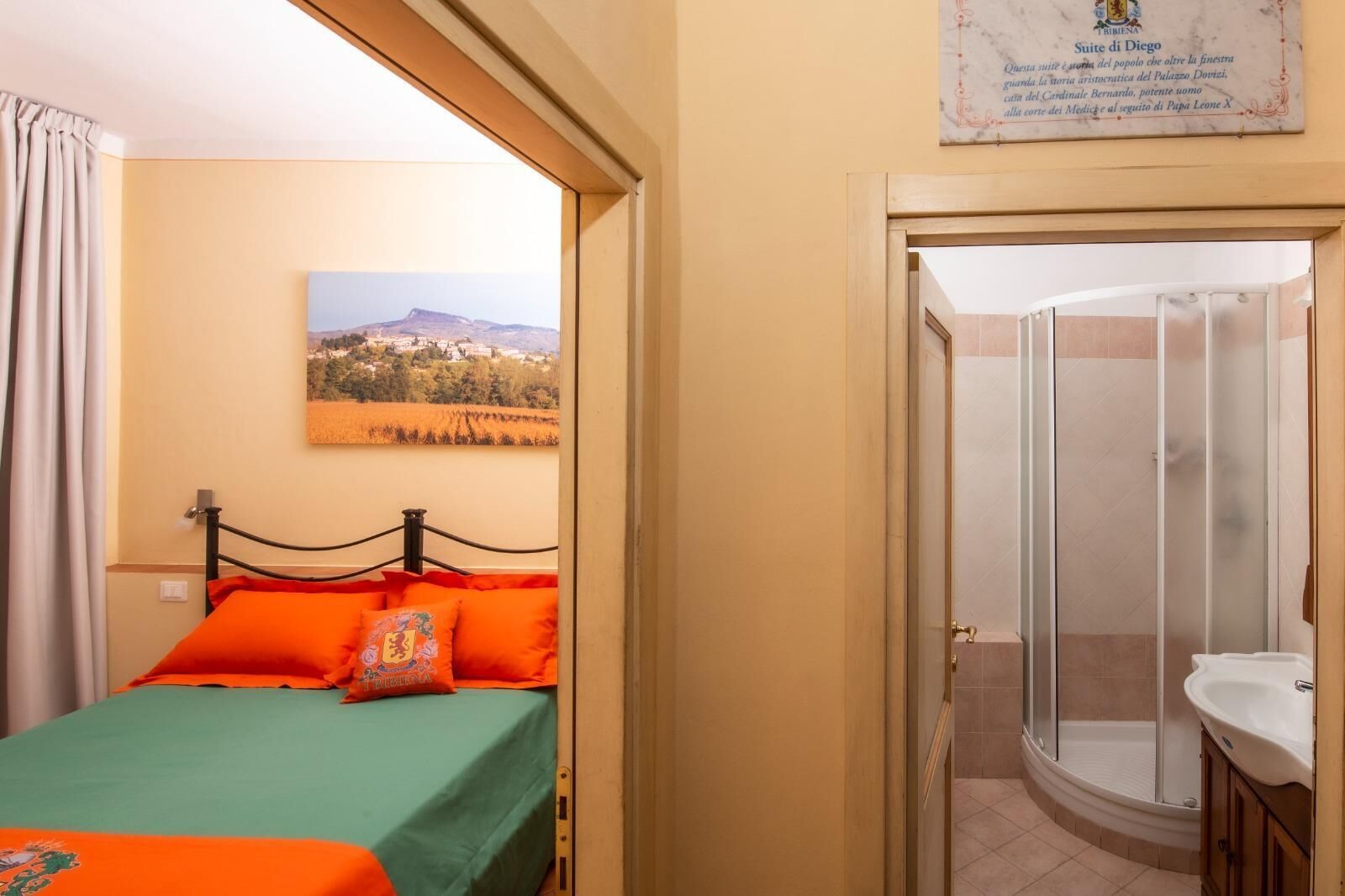 Un dormitorio con cama, ducha y vistas a un paisaje.