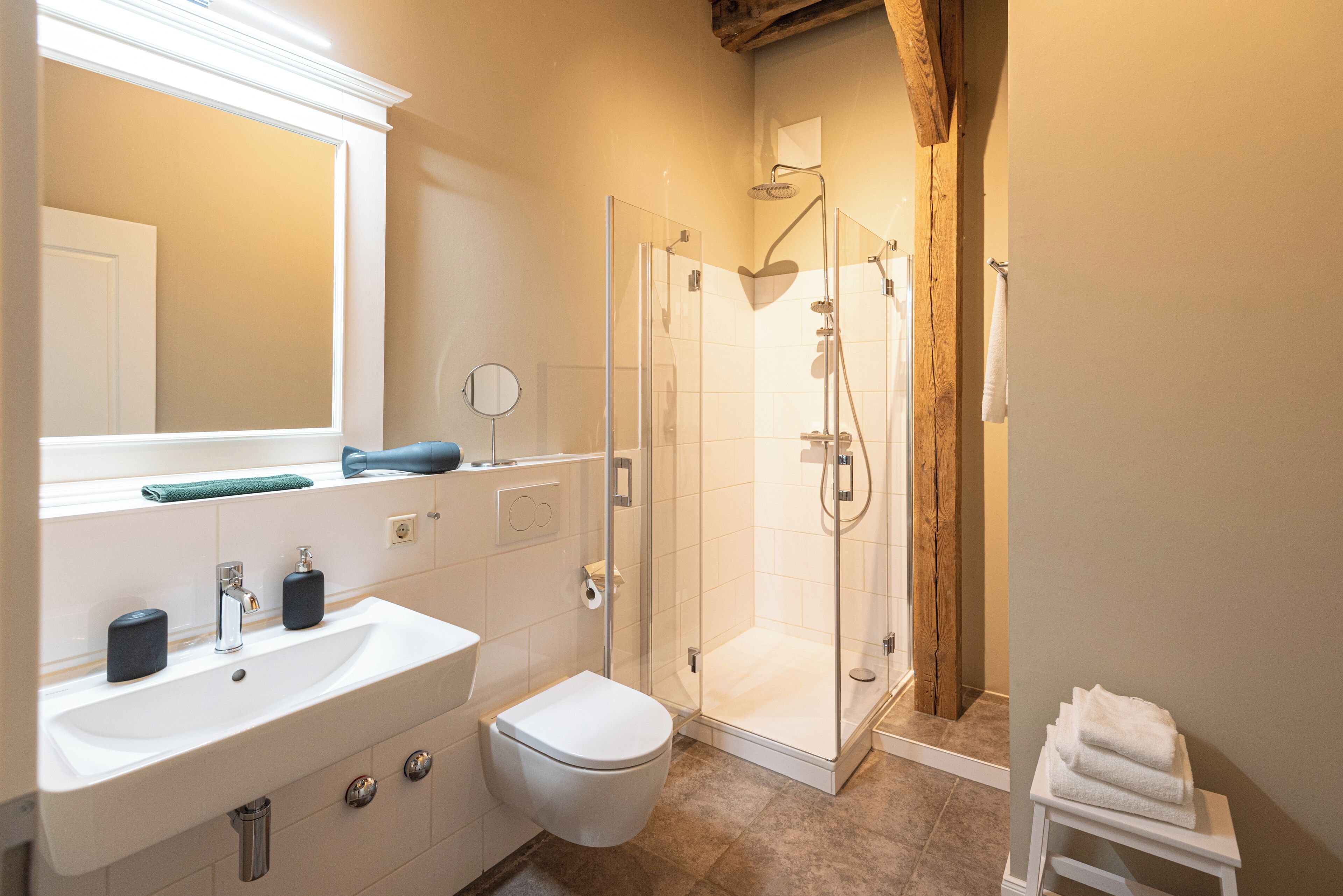 A bathroom with a white sink, a toilet, a glass-enclosed shower, and a mirror above the sink.