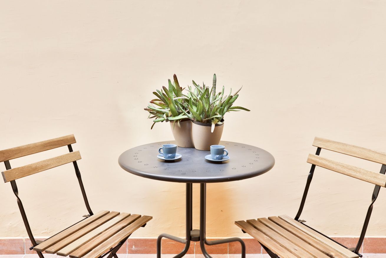 A round table with two chairs, a potted plant, and two cups.