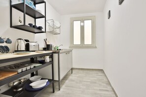 Fridge, microwave, stovetop, cookware/dishes/utensils