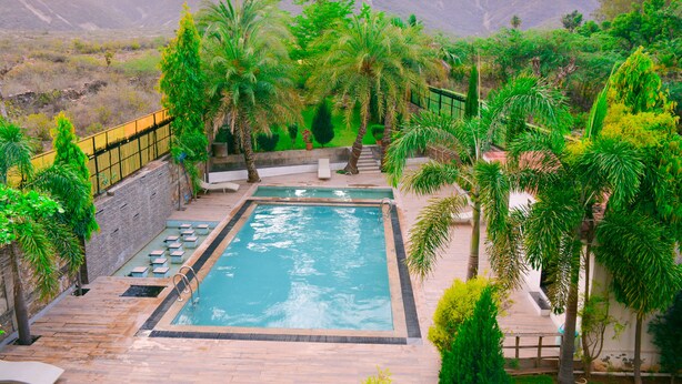 A rectangular pool with a stone deck, surrounded by palm trees and greenery, with mountains in the background. - The Pure Nature Hotel (Rajgarh)