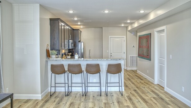 Una cocina moderna con barra, suelo de madera y una puerta decorada con un cuadro.
