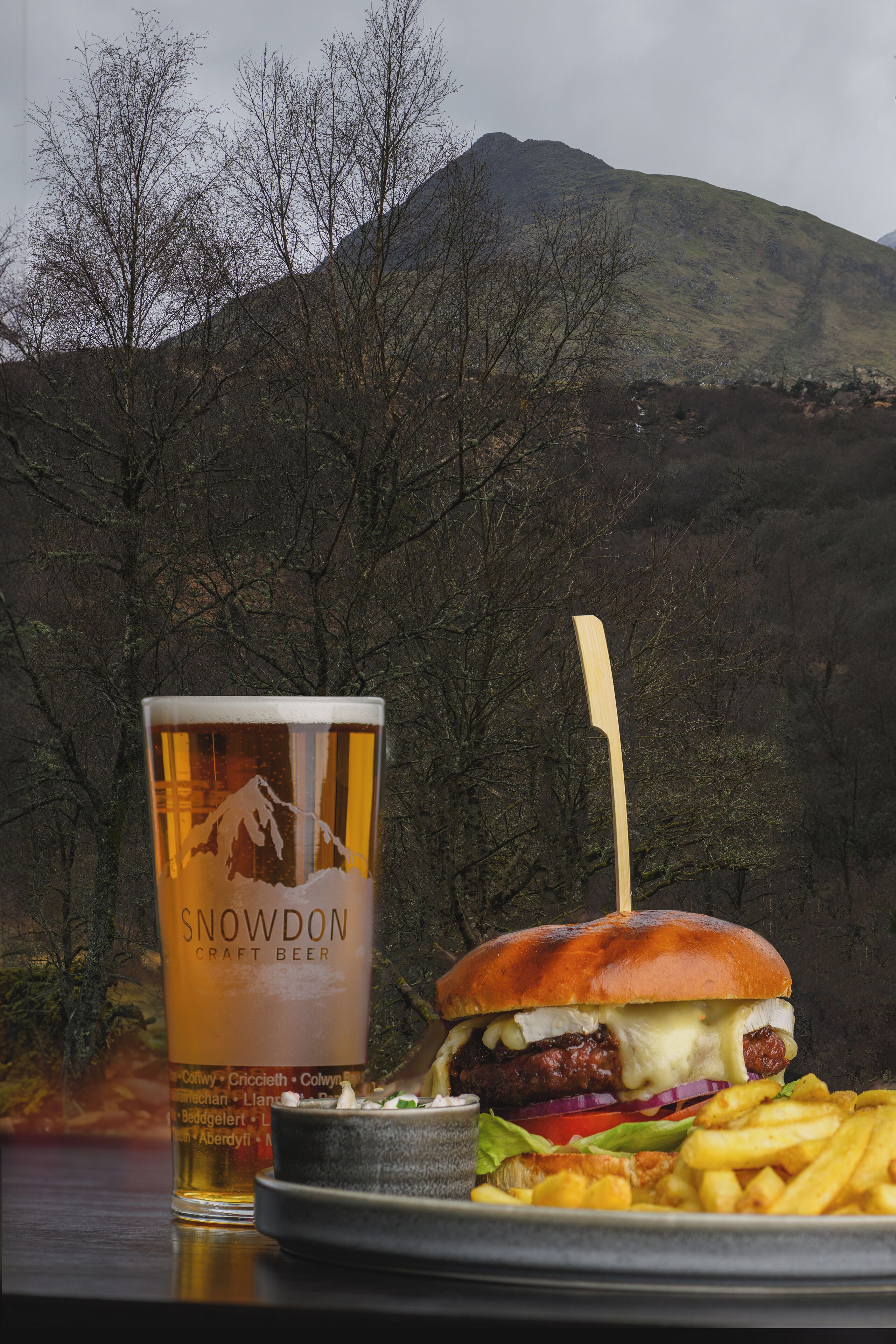 Un hamburger, patatine fritte e un bicchiere di birra con vista sulle montagne sullo sfondo.