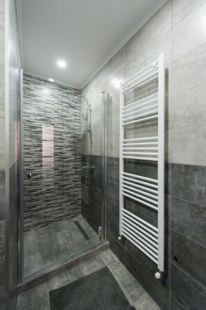 Regadera, secadora de cabello, toallas, papel de baño