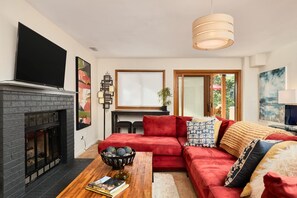 Télévision, cheminée, espaces bureaux