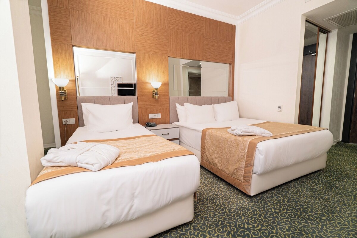 A hotel room with two beds, a wooden headboard, a large mirror, bedside lamps, and a patterned carpet.