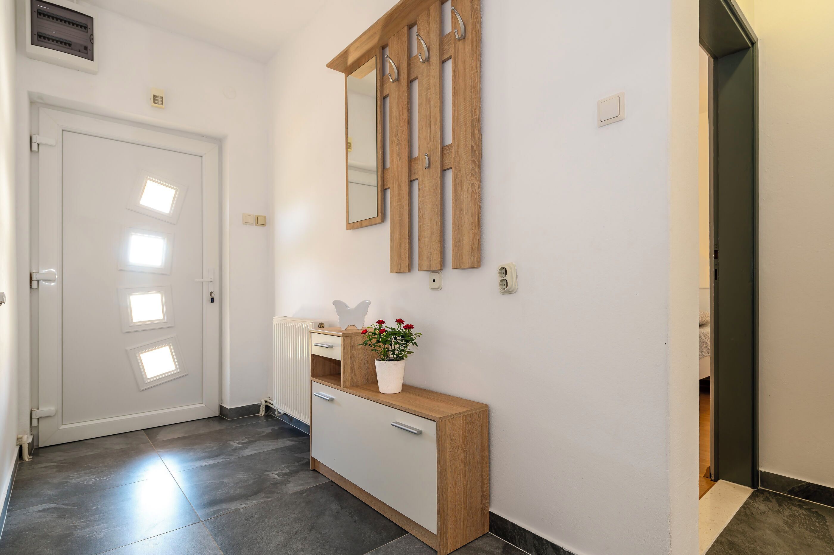 A hallway with a white door, a wooden console table with a potted plant, and a mirror on the wall.