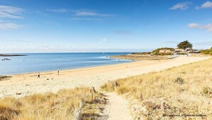 A beach with a clear sky, a sandy path leading to the water, and a few boats in the distance.