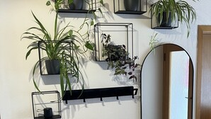 Una pared con varios maceteros cuadrados negros con plantas verdes, un estante rectangular negro con un objeto pequeño negro, y un espejo ovalado grande.
