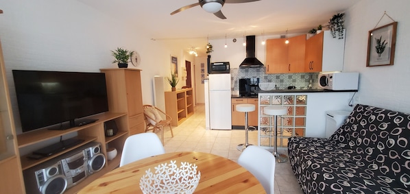 A compact living space with a television, a dining table, a sofa, and a kitchenette.
