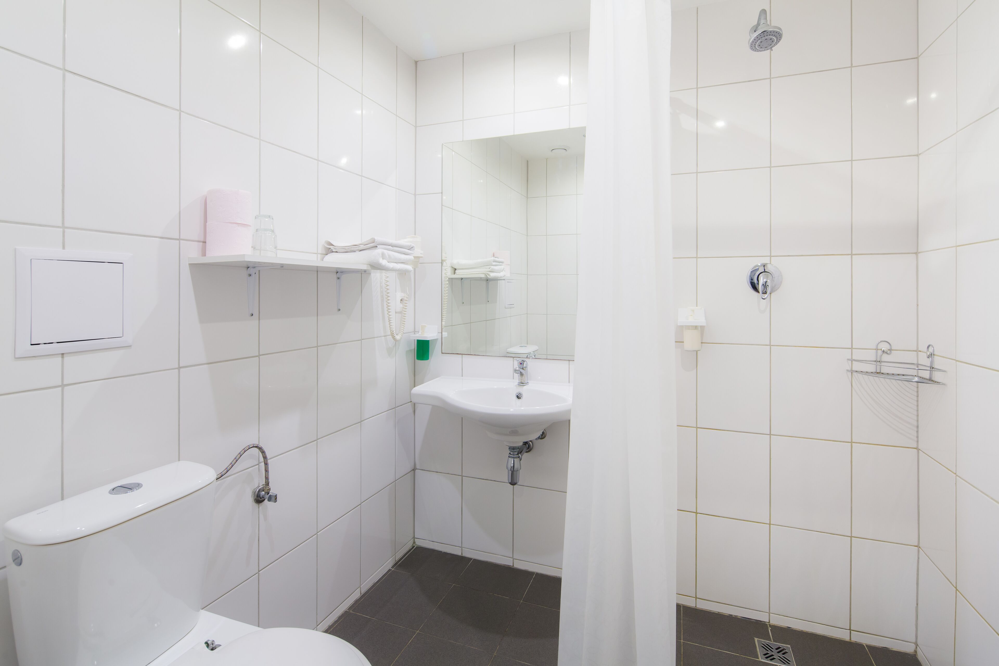 Shower, towels, soap, shampoo