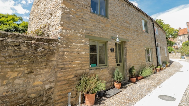 A stone building with a green door, potted plants, and a clear sky. - Adelaide's Cottage (Pickering)