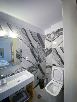 Bathtub, hair dryer, bidet, towels