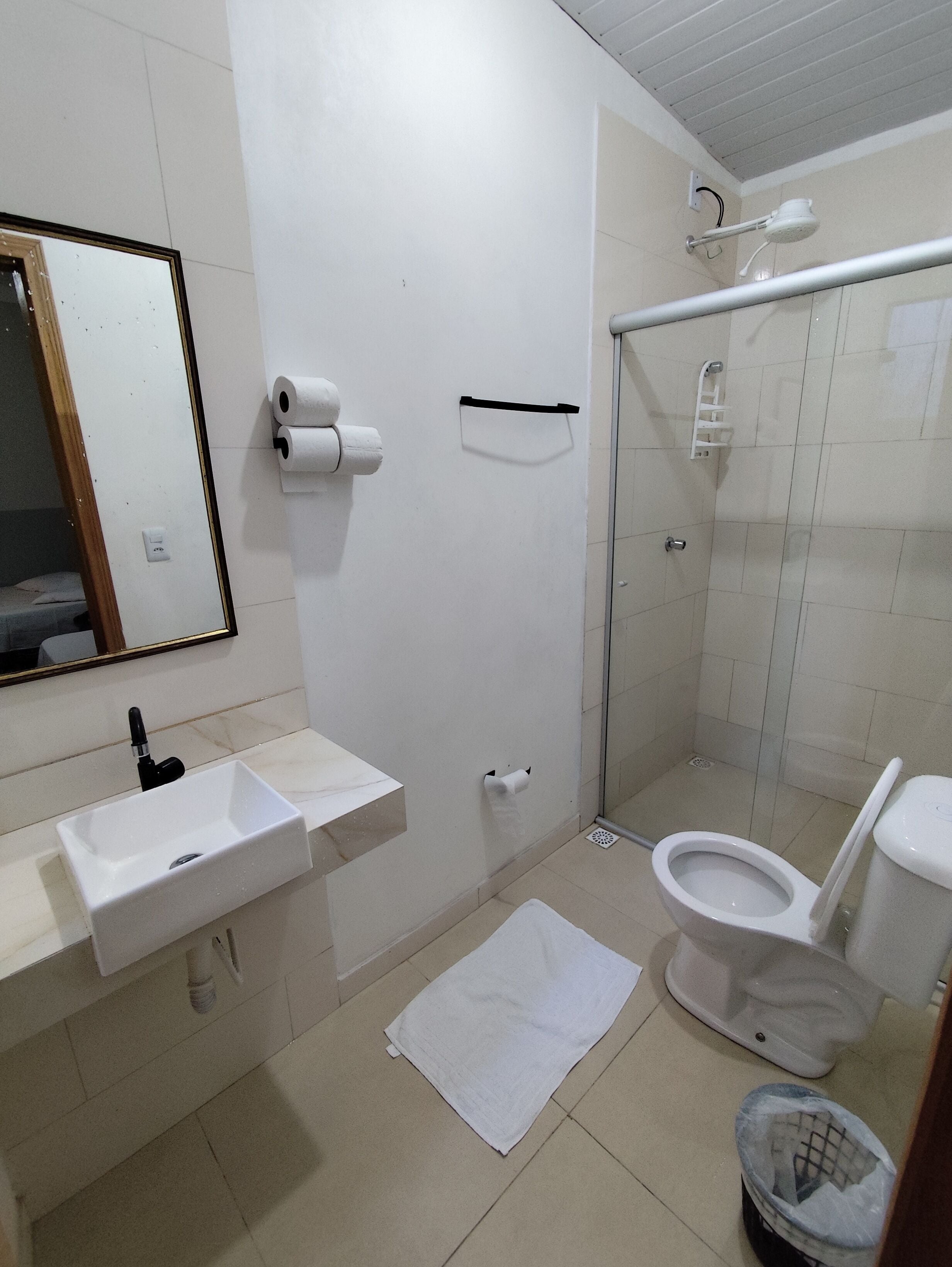 Une salle de bain équipée d’un lavabo, de toilettes, d’une douche et d’un miroir.