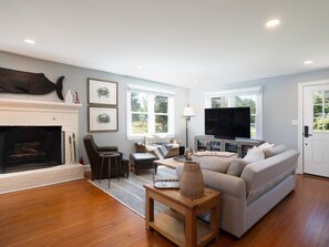 Smart TV, fireplace, books