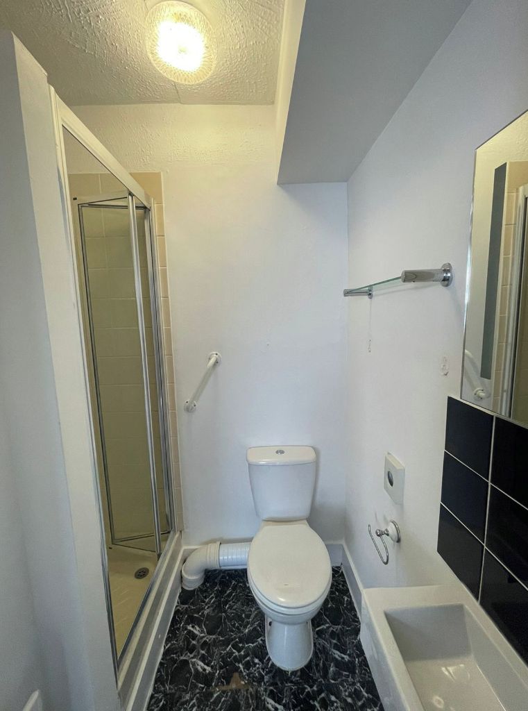 A compact bathroom with a toilet, a shower enclosure, and a bathtub.