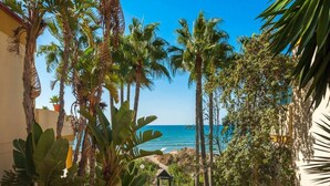 A pathway leading to a beach with palm trees and a clear view of the ocean. - Sun-lovers paradise,  all day sun and views. (Marbella)